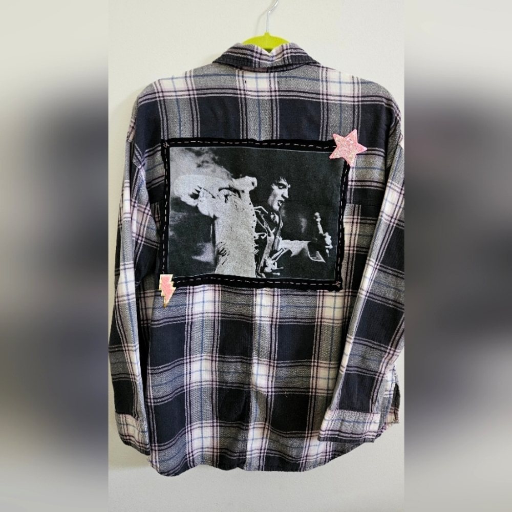 Pink and Black Elvis Band Tee Flannel sz M